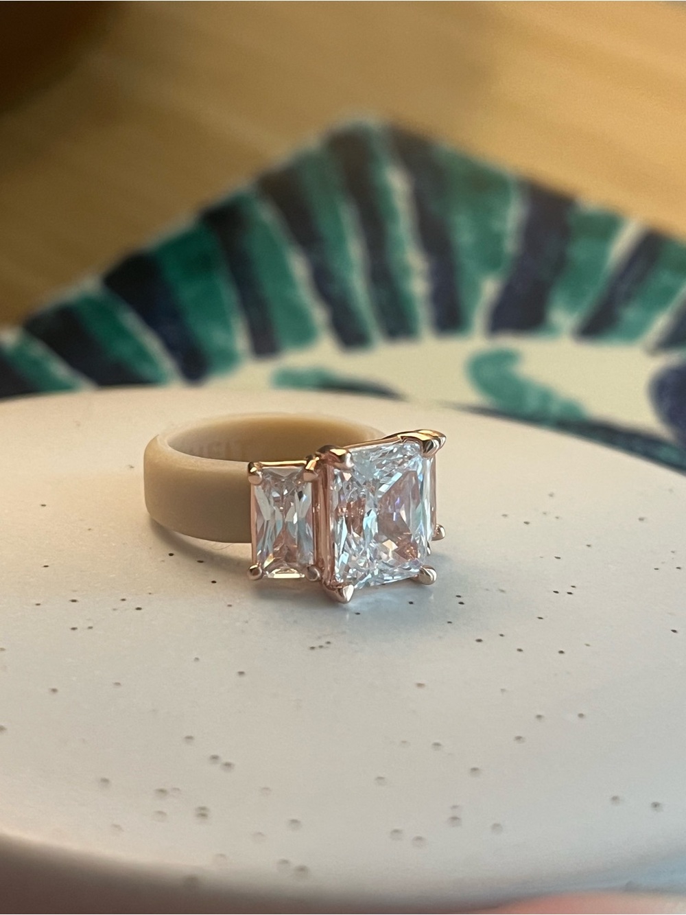 Three-Stone Emerald Cut CZ Crystal Silicone band Ring in Gold / tan size 4 - Picture 5 of 13